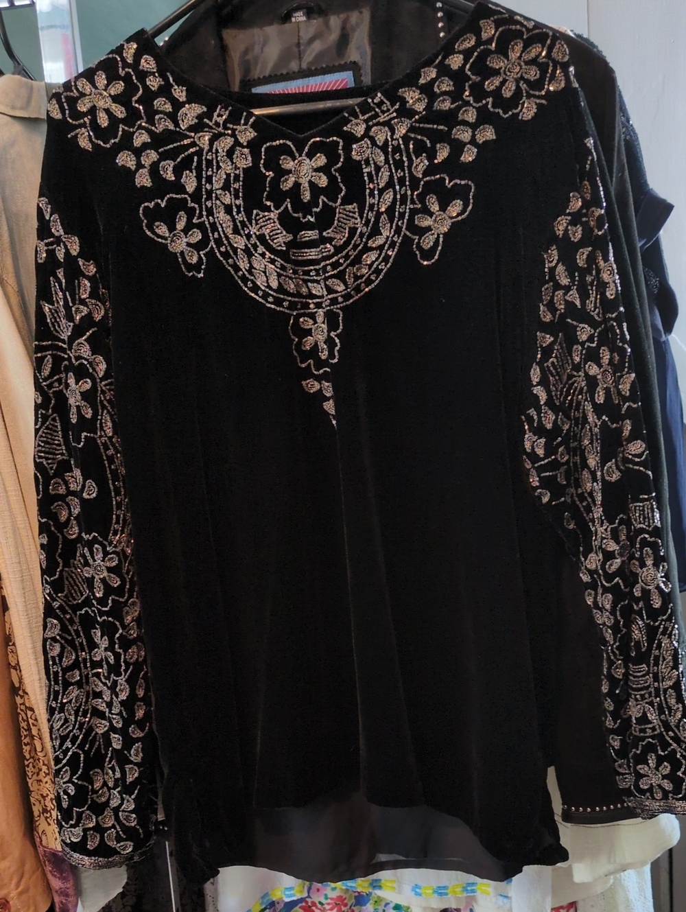 Adrienne Landau Black Silk Velvet Top with Silver And Gold Floral Beading. Large